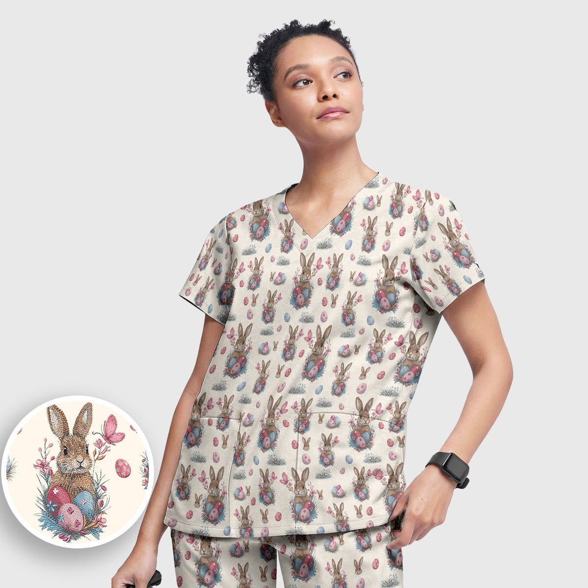 Pastel Easter Bunny Nest Nurse Scrub Set