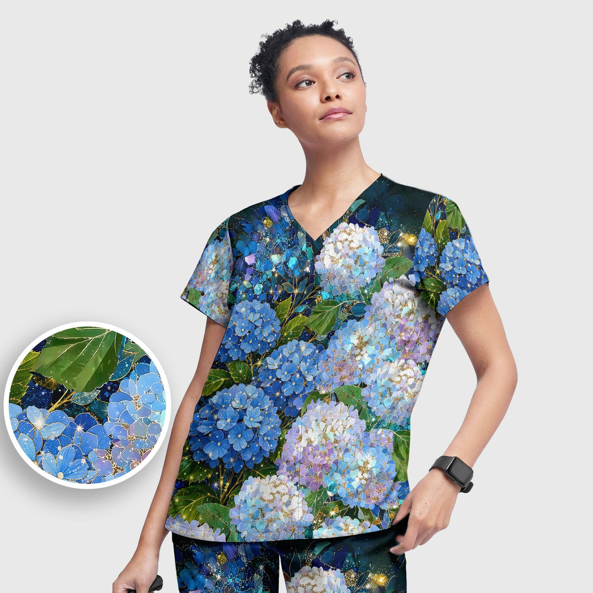 Blue Hydrangea Floral Nurse Scrub Set