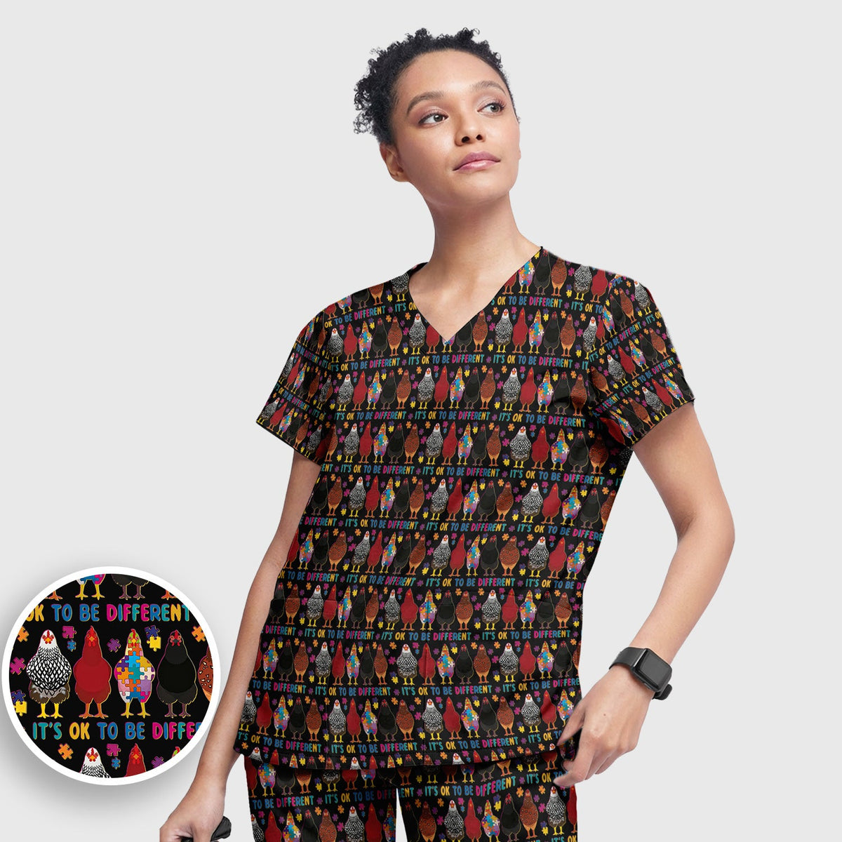 Autism Chicken It's OK To Be Different Nurse Scrub Set