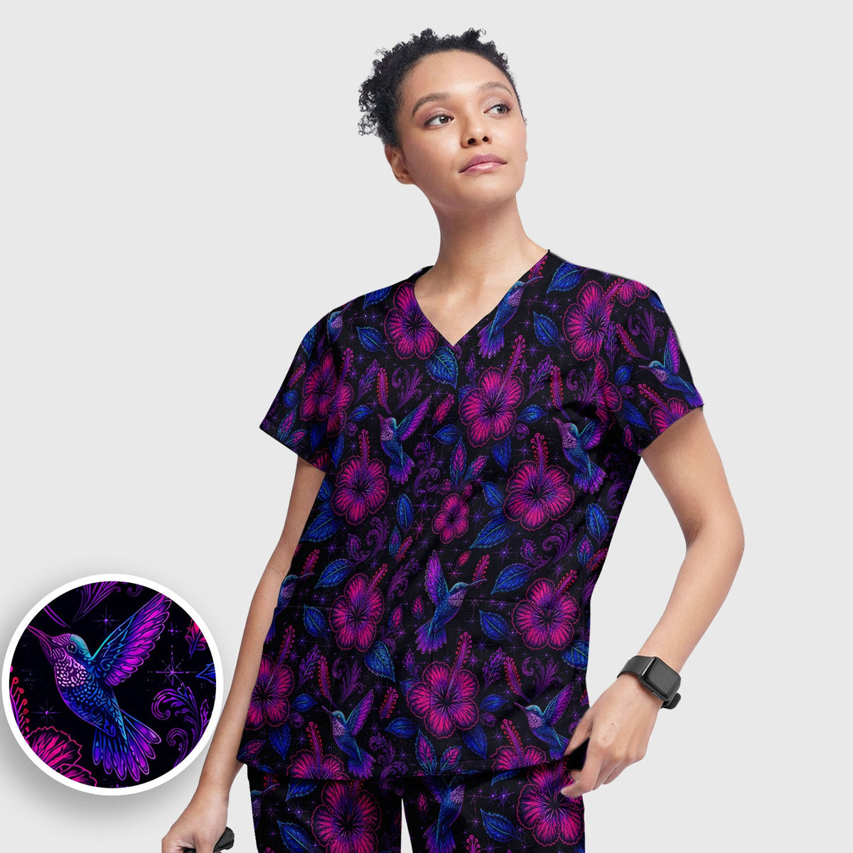 Tropical Hummingbird Hibiscus Floral Nurse Scrub Set