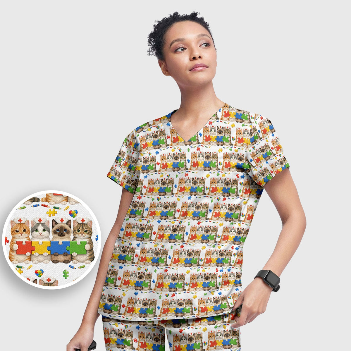 Autism Awareness Cat Nurse Scrub Set