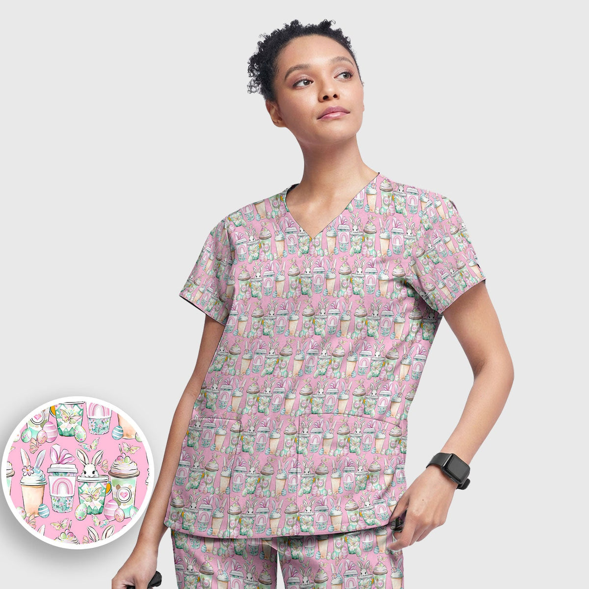 Bunny Coffee Cup Nurse Scrub Set - Easter Gift