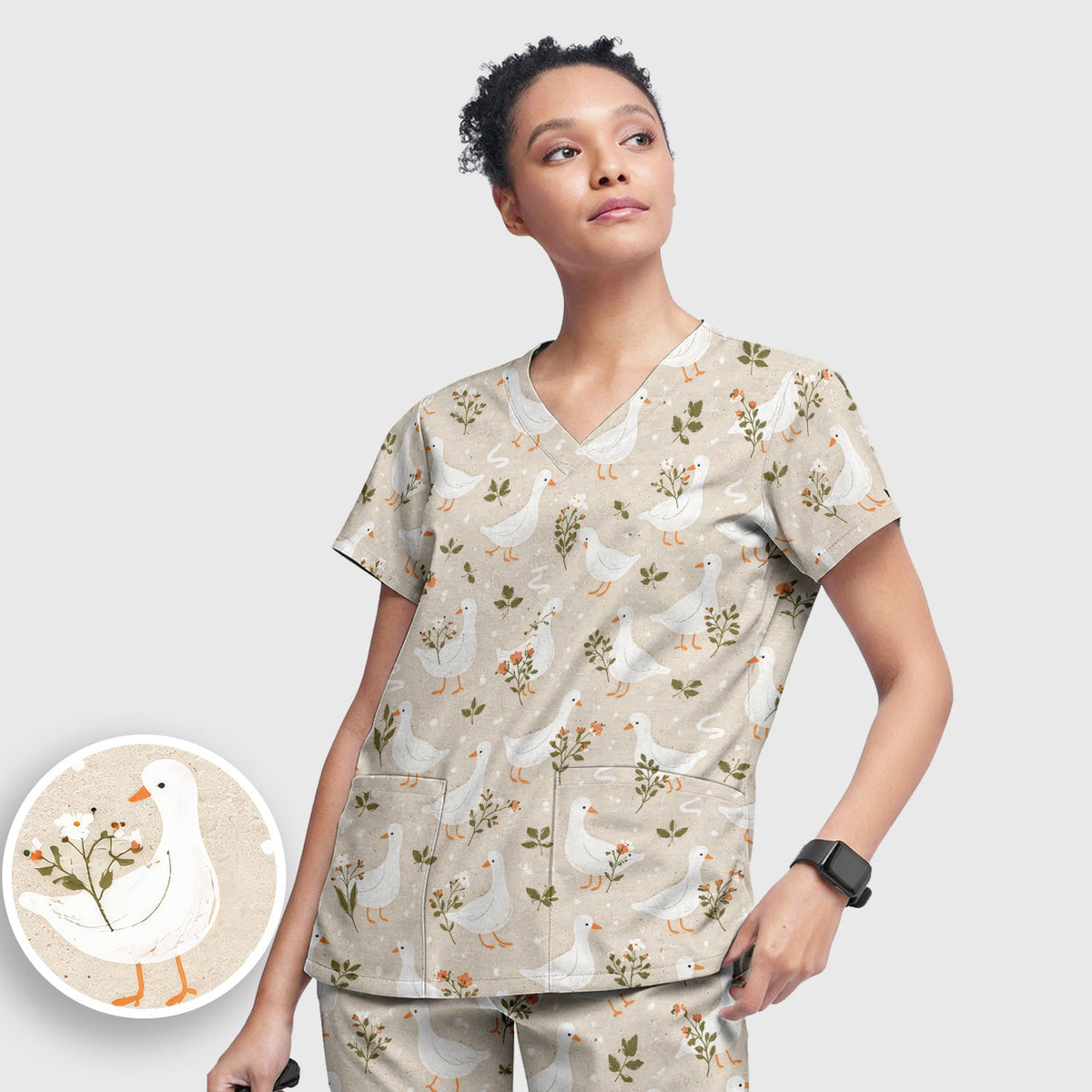 White Goose Floral Meadow Nurse Scrub Set