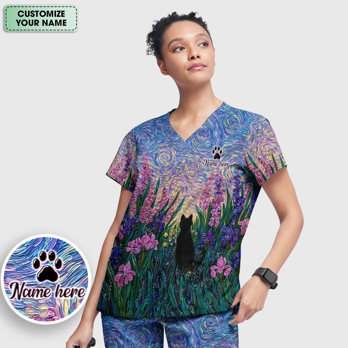 Cat Under Starry Sky Pattern Scrub Set, Scrub Pants and V Neck Top