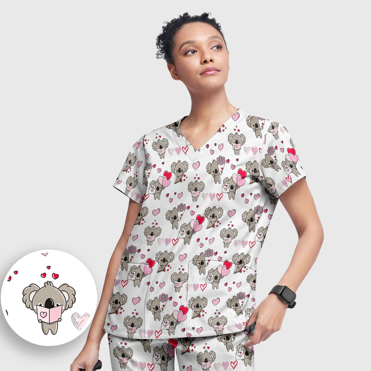 Valentine Koala Holding Flowers Nurse Scrub Set