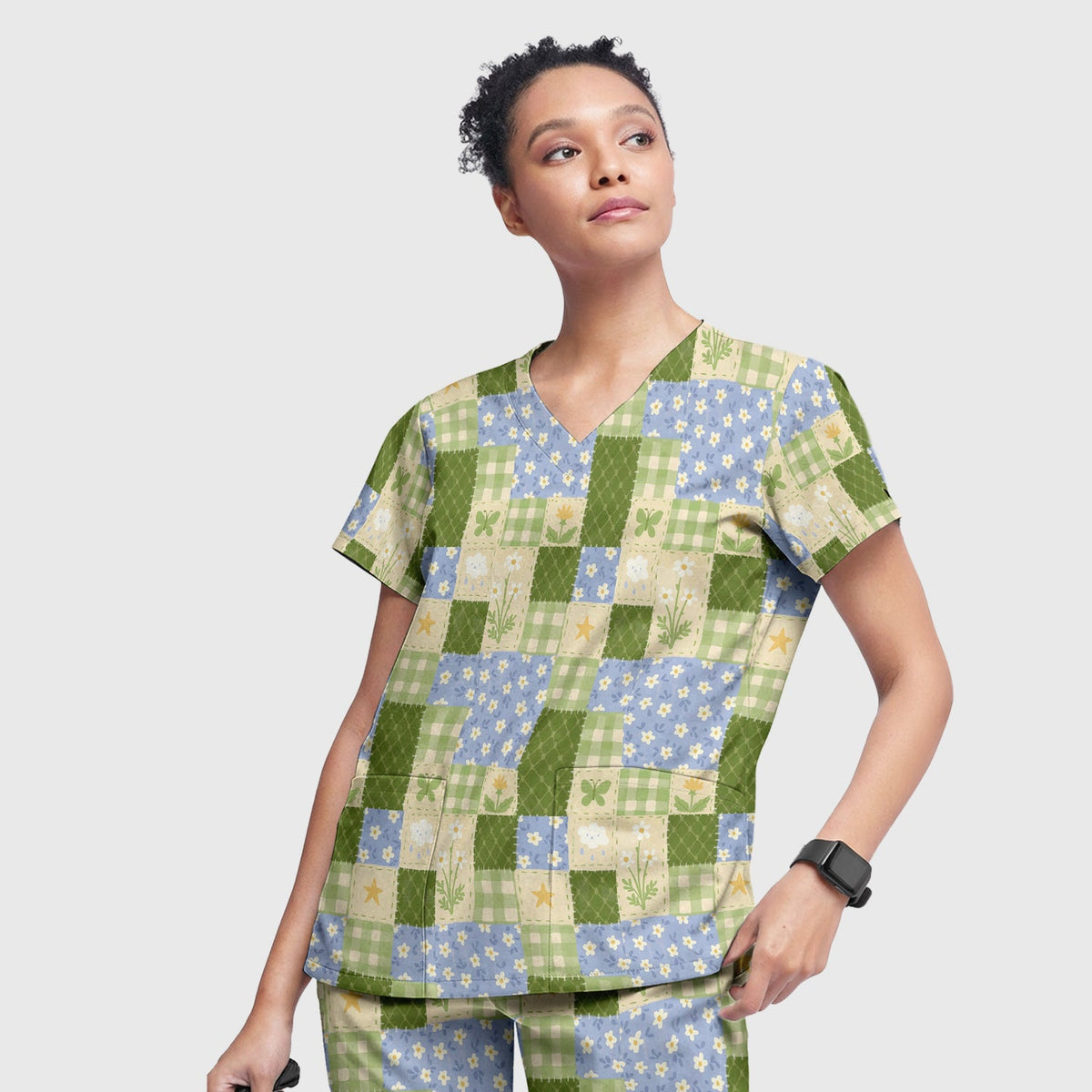Green Patchwork Clover Floral Nurse Scrub Set
