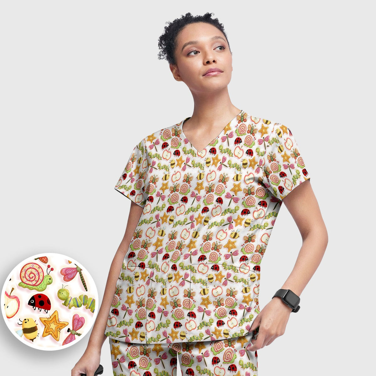 Snail Ladybug Caterpillar Apple Garden Nurse Scrub Set