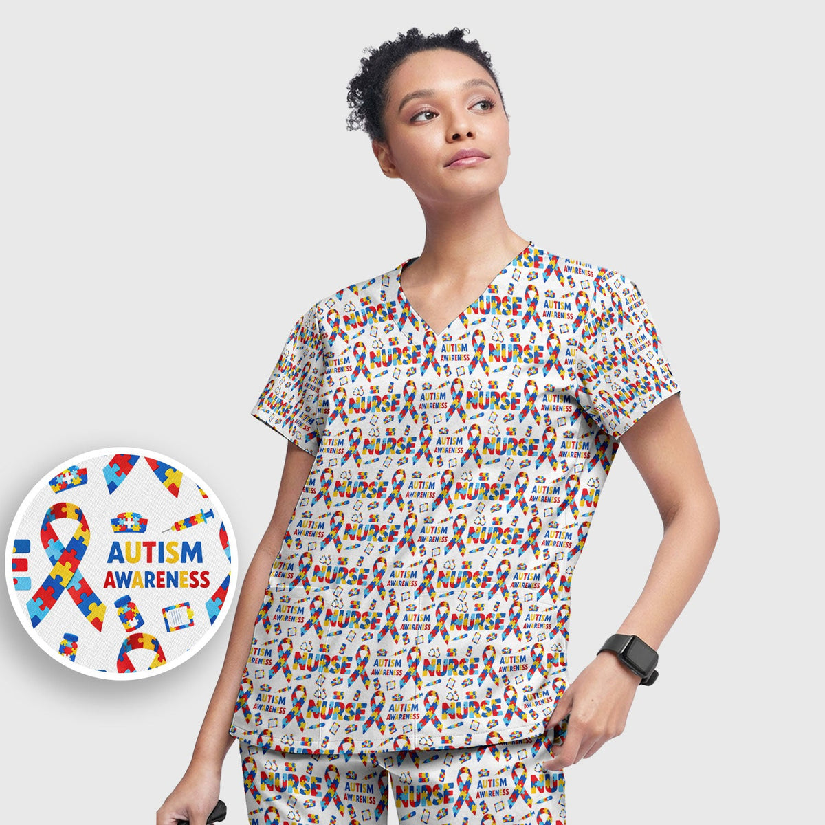 Autism Awareness Puzzle Ribbon Nurse Scrub Set
