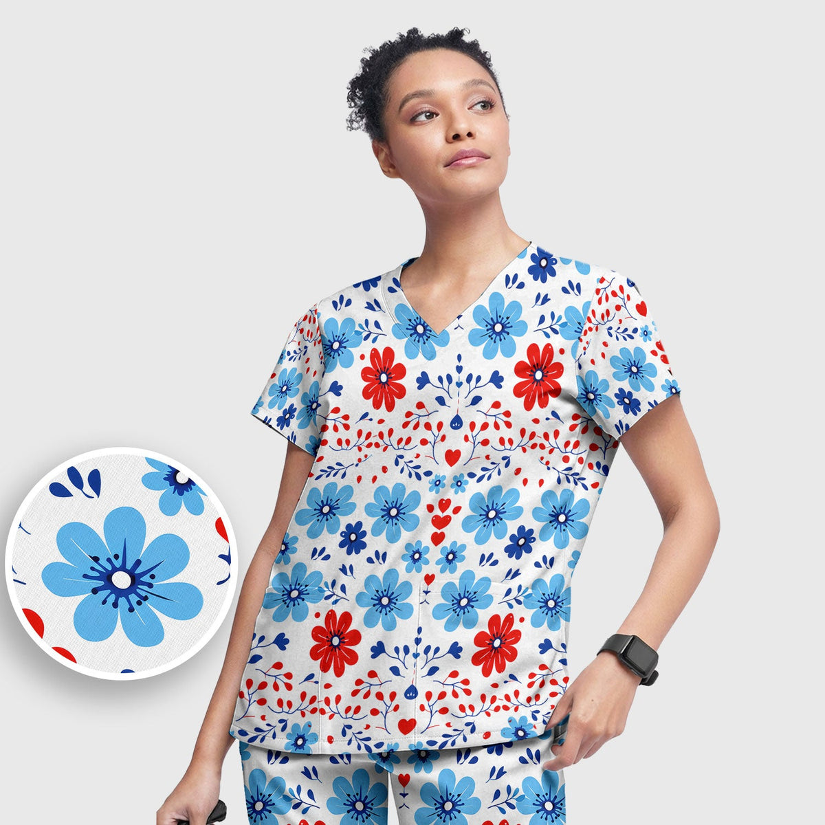 Symmetrical Folk Floral Heart Nurse Scrub Set