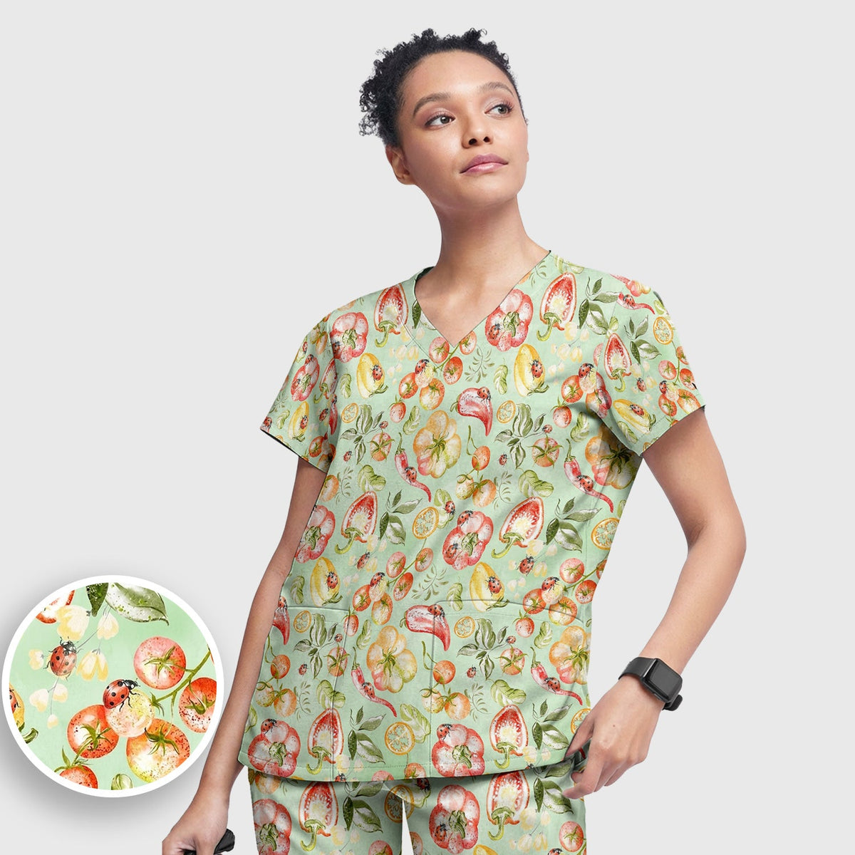 Watercolor Veggie Ladybug Nurse Scrub Set