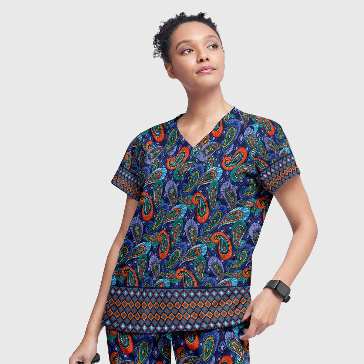 Colorful Paisley Geometric Border Nurse Scrub Set
