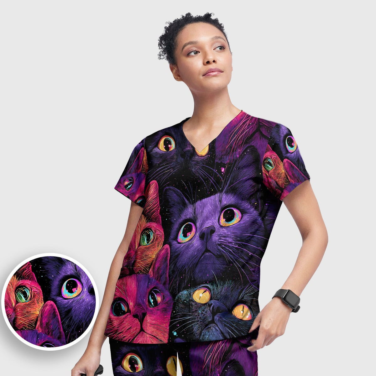 Colorful Neon Cat Faces Nurse Scrub Set