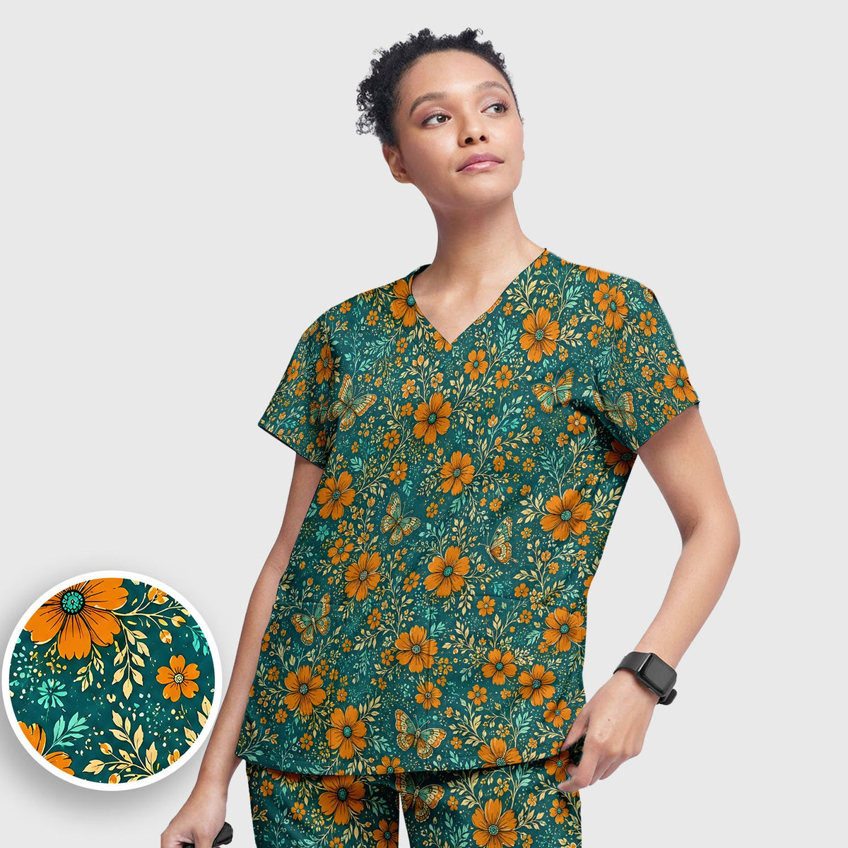 Orange Floral Butterfly Vine Nurse Scrub Set