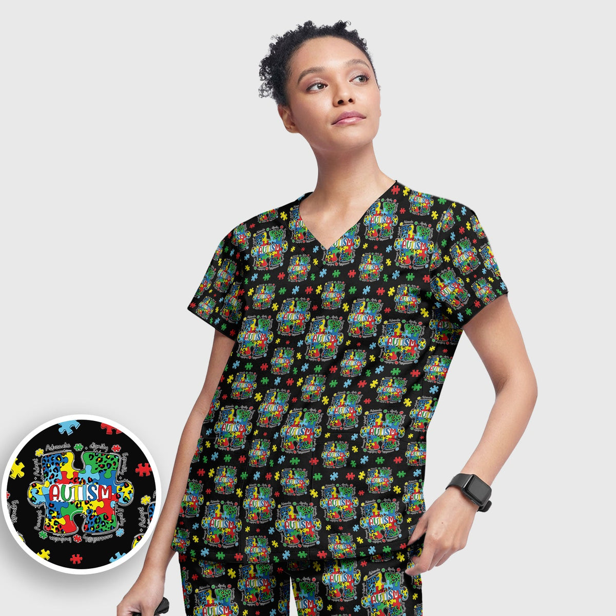 Autism Awareness Puzzle Black White Nurse Scrub Set