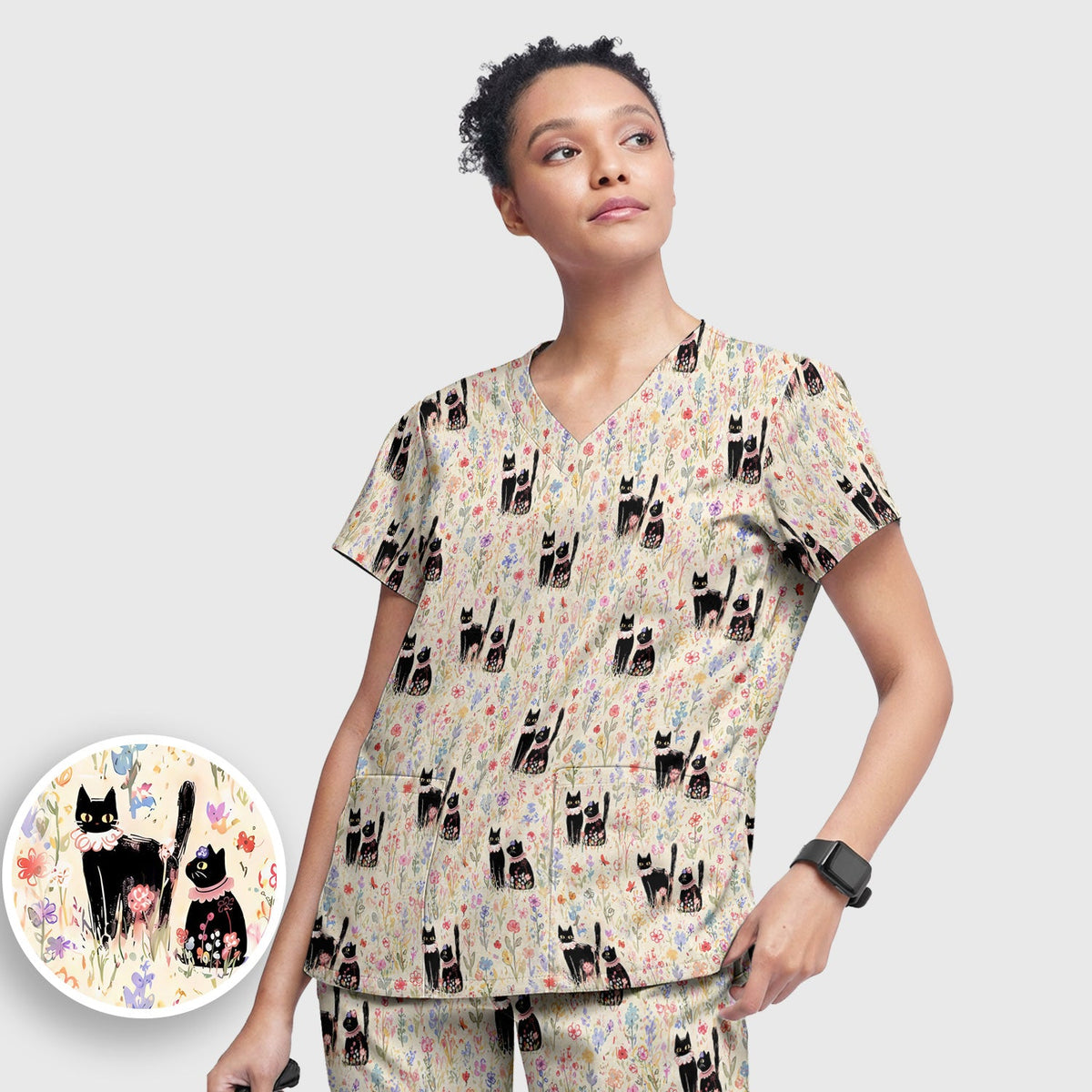 Cute Black Cats Wildflower Garden Nurse Scrub Set