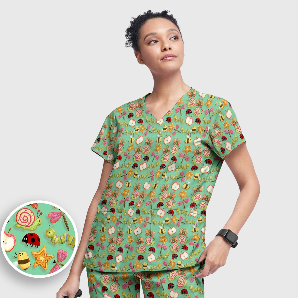 Snail Ladybug Caterpillar Apple Garden Nurse Scrub Set
