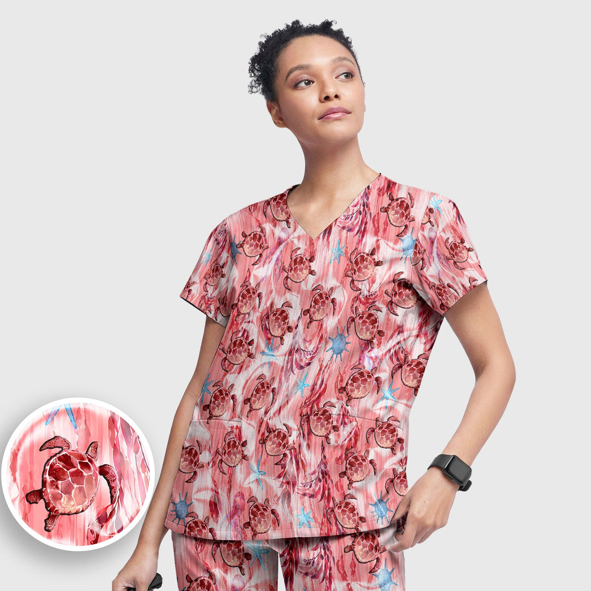 Pink Sea Turtle Ocean Nurse Scrub Set