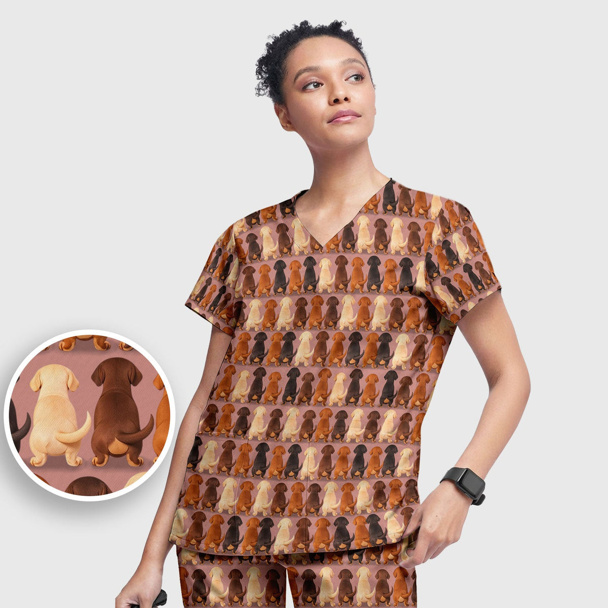 Scrub Set: Cute Dachshund Butt Pattern All Over Print Scrubs Set, Breathable Med Uniform