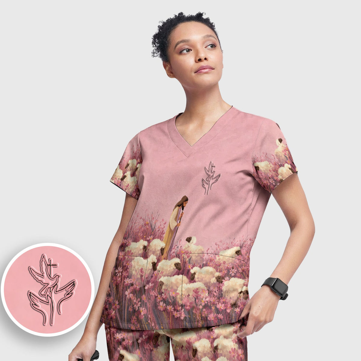 Christian Shepherd With Lambs Nurse Scrub Set