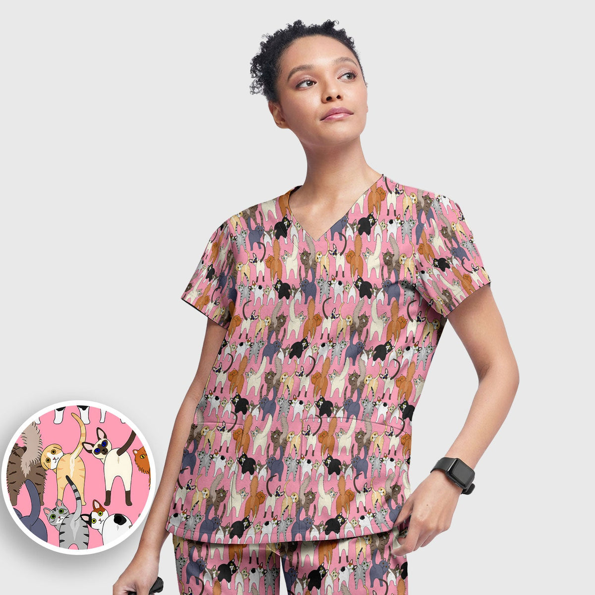 Whimsical Multicolor Cat Cartoon Nurse Scrub Set