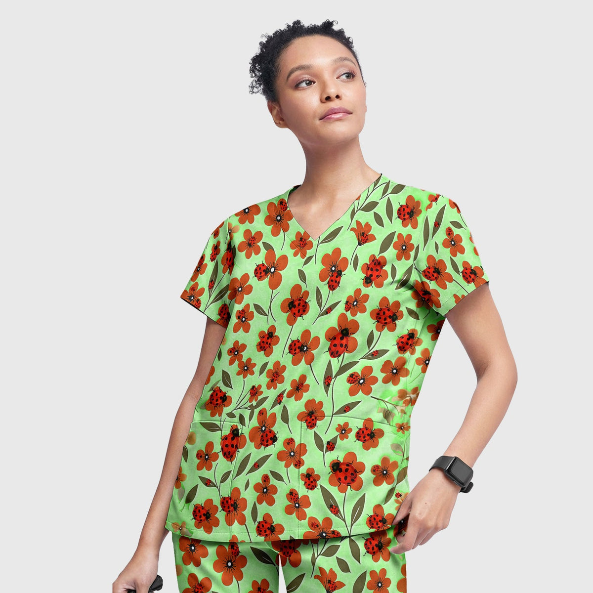 Ladybug Orange Floral Garden Nurse Scrub Set