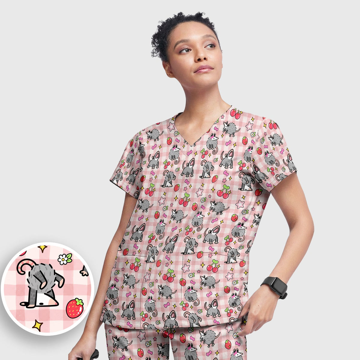 Opossum And Cherries Gingham Nurse Scrub Set