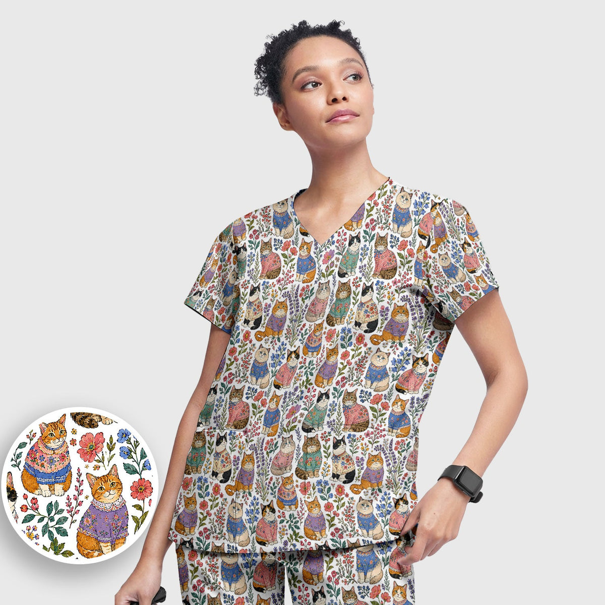 Floral Cat Nurse Scrub Set