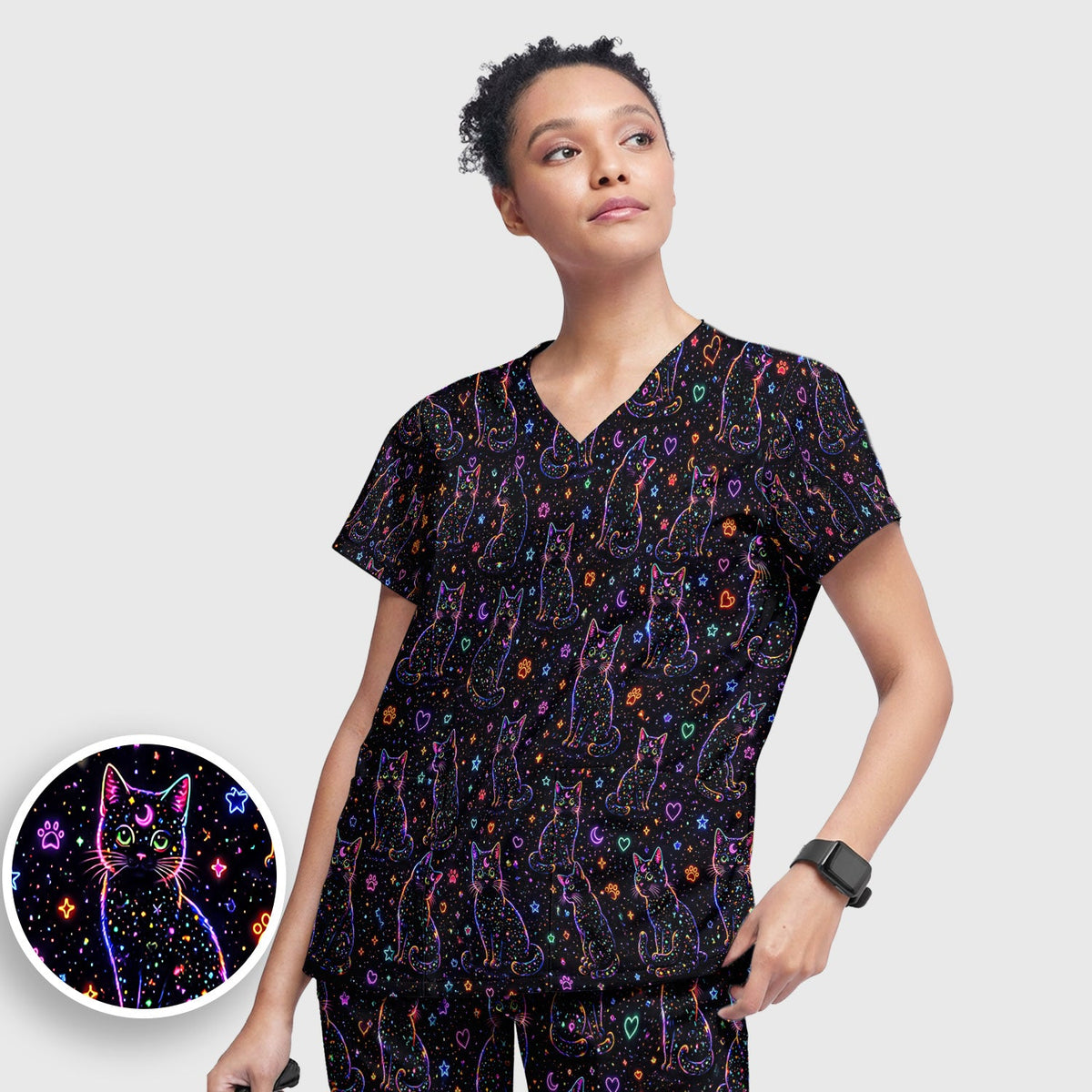 Mystical Cosmic Moon Cat Nurse Scrub Set