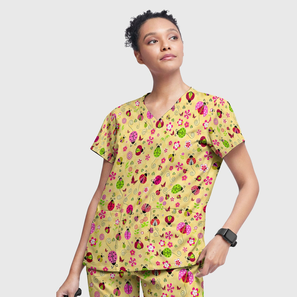 Yellow Ladybug Floral Garden Nurse Scrub Set