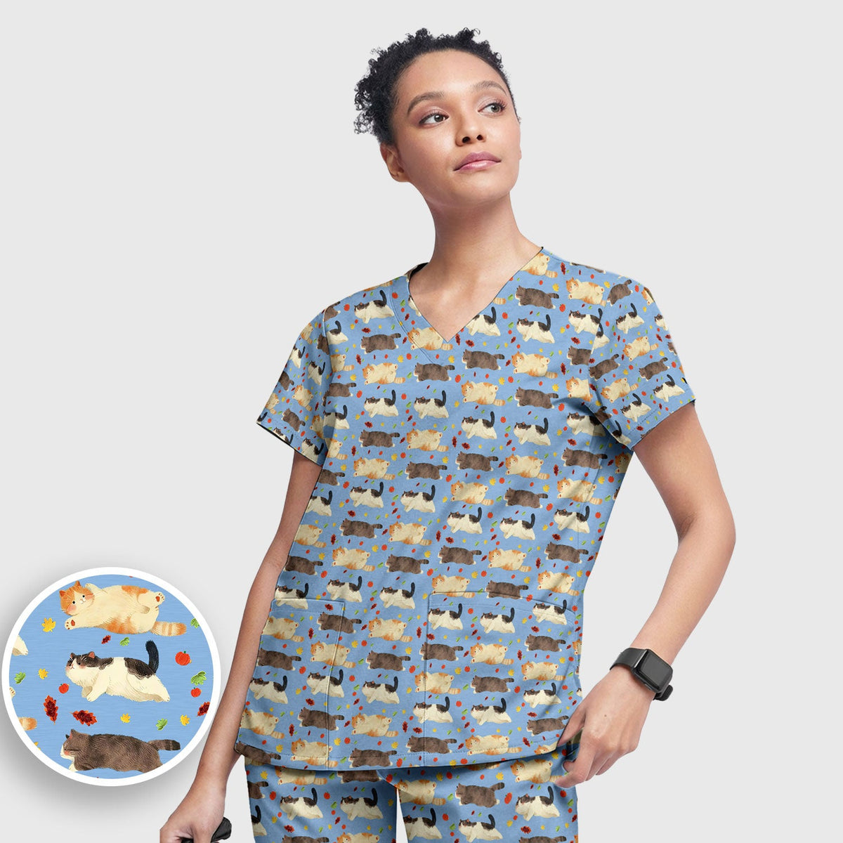 Chubby Cat Autumn Leaves Nurse Scrub Set