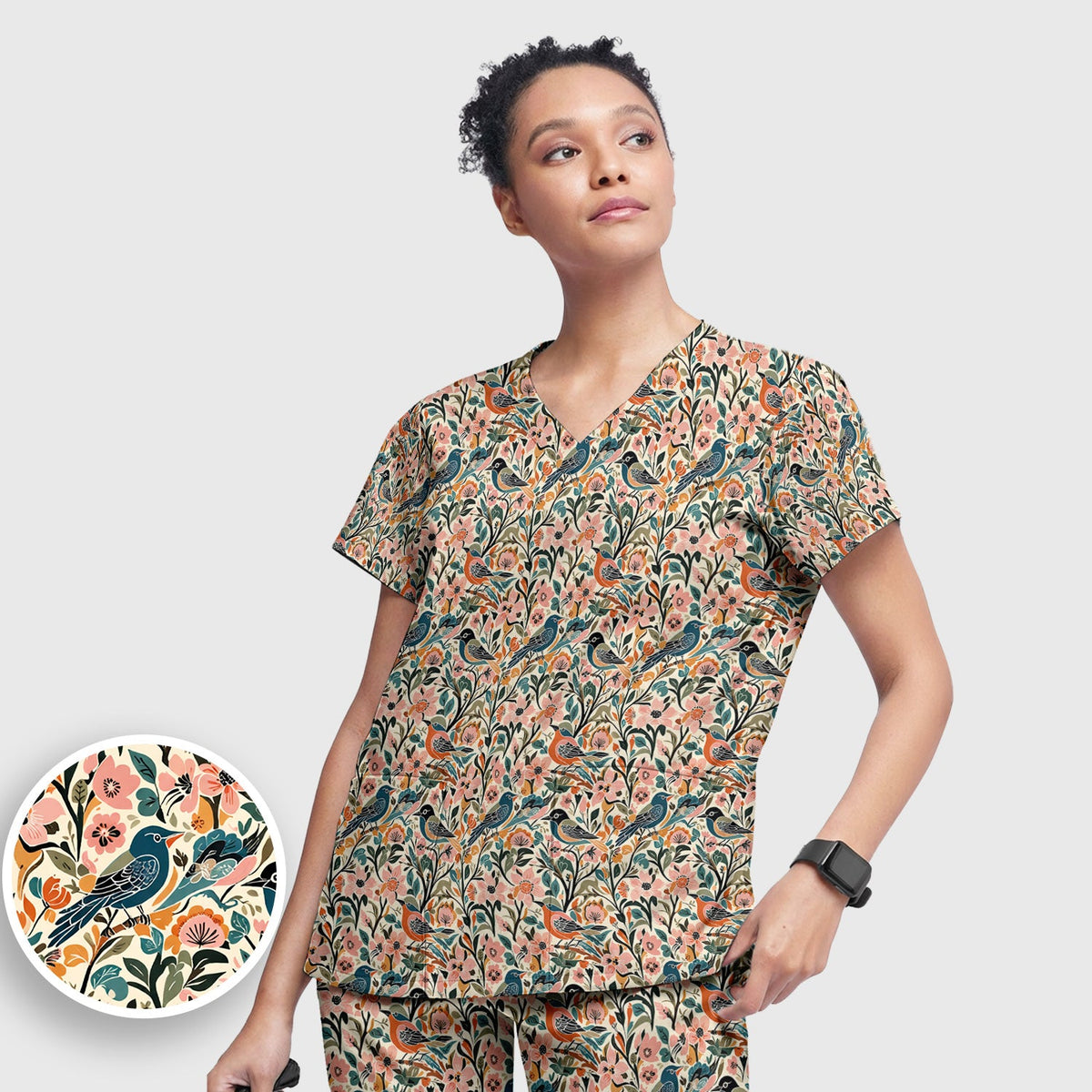 Folk Art Songbird Floral Nurse Scrub Set