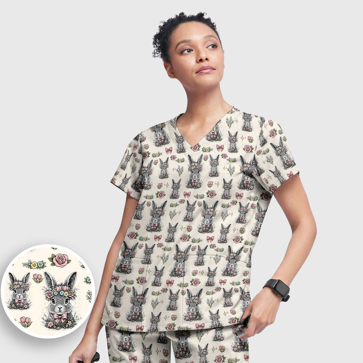 Vintage Floral Bunny Nurse Scrub Set