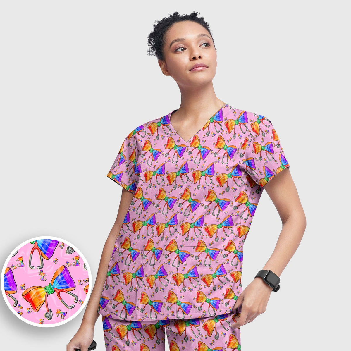 Colorful Rainbow Bow Stethoscope Nurse Scrub Set
