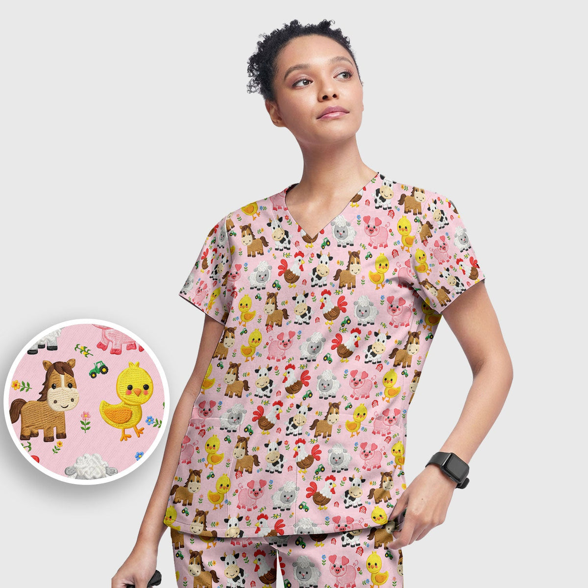 Cartoon Farm Animal Nurse Scrub Set