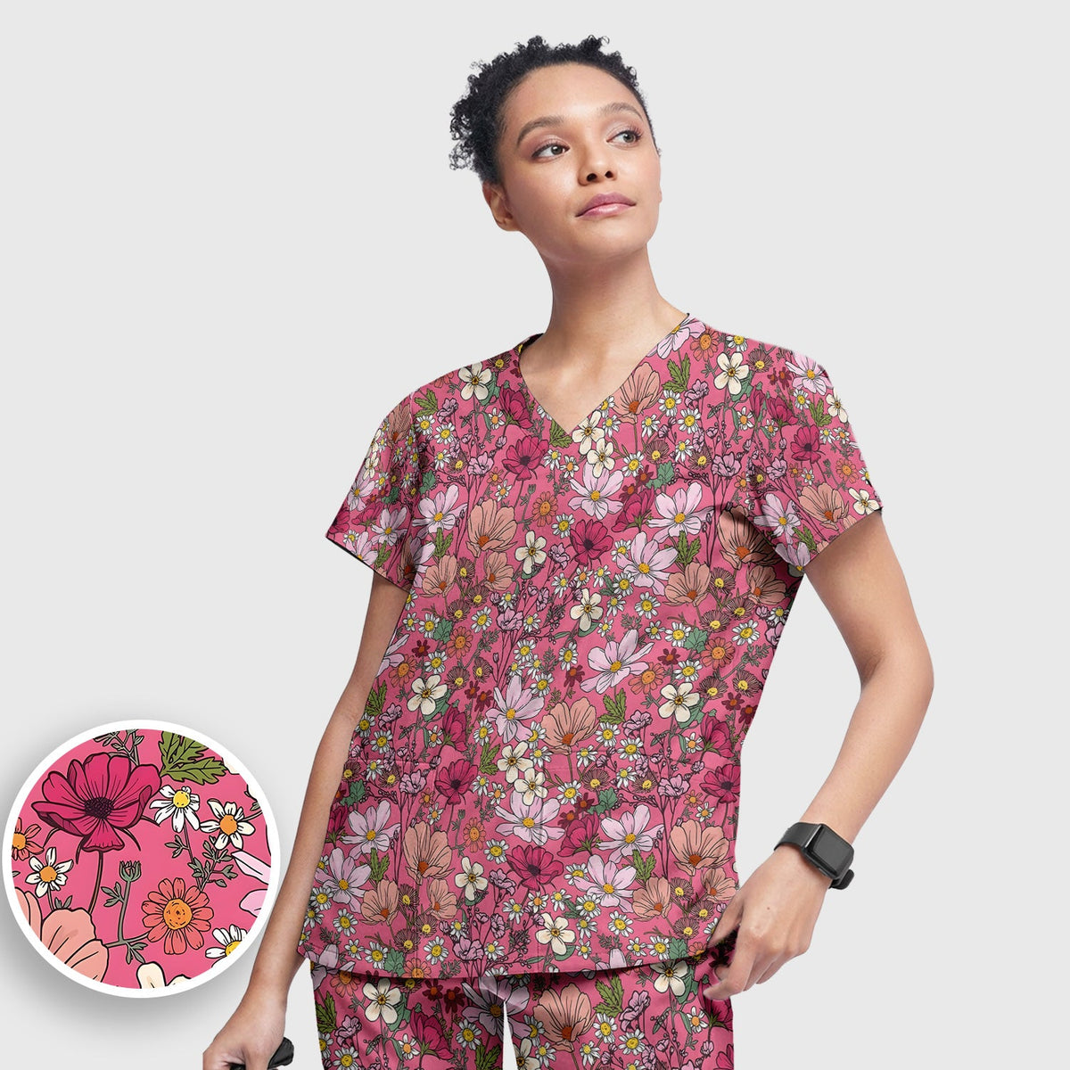 Pink Daisy Wildflower Nurse Scrub Set
