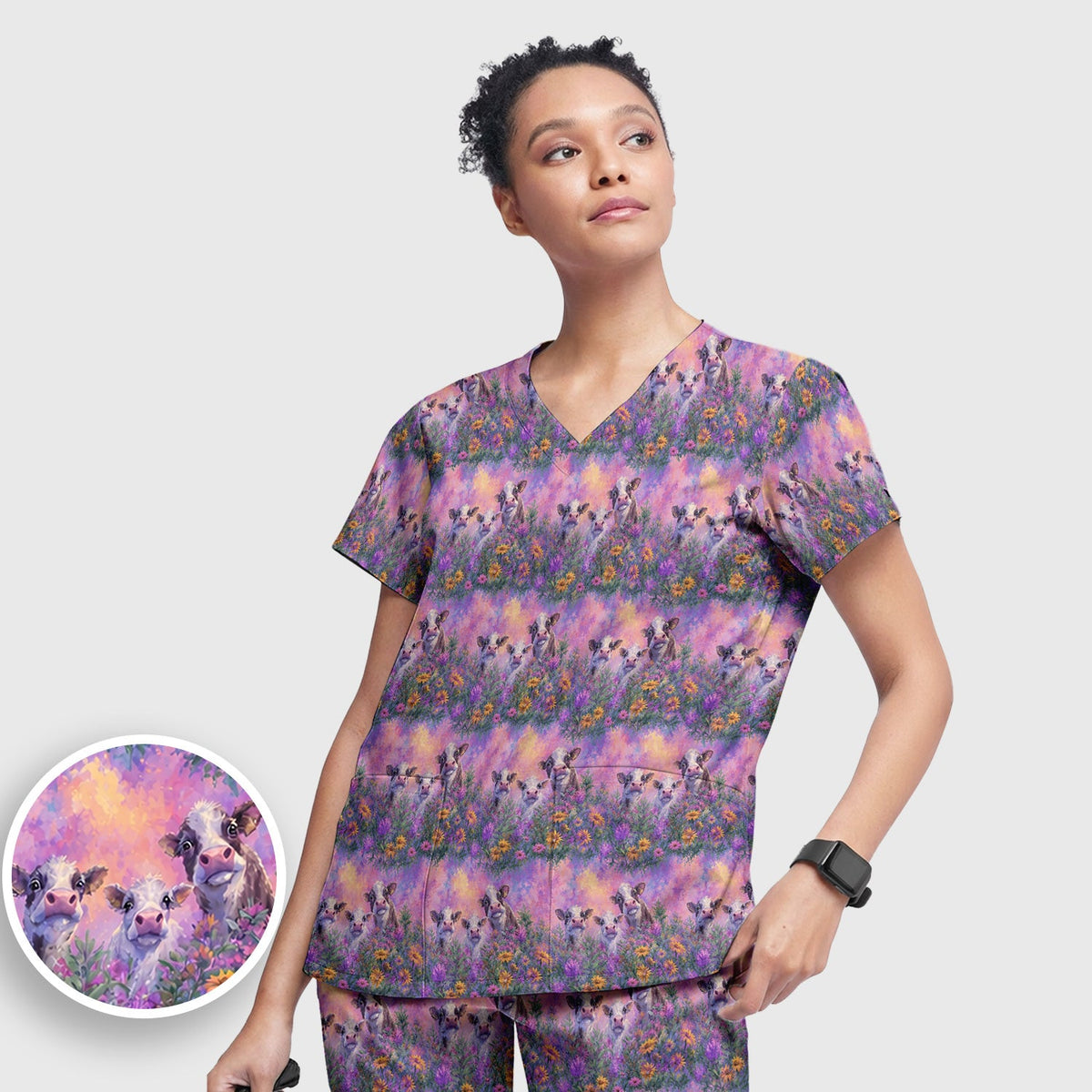 Pastel Cow Meadow Flower Nurse Scrub Set