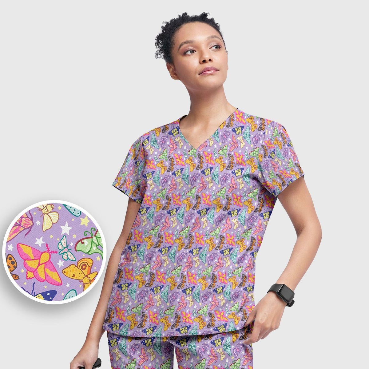Colorful Butterfly Moth Garden Nurse Scrub Set
