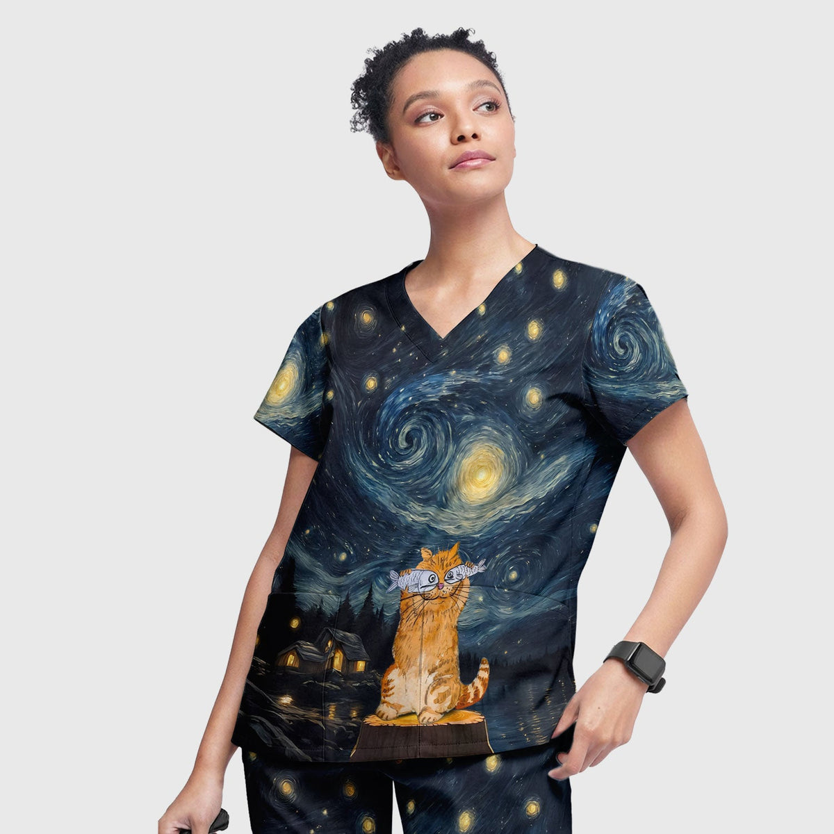 Cat Starry Night Sky Nurse Scrub Set