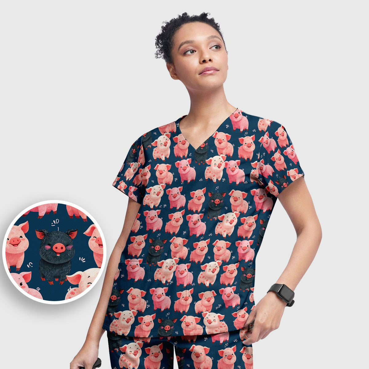 Funny Farm Pig Cartoon Pattern Scrub Set, Nurse Uniform Scrubs Set