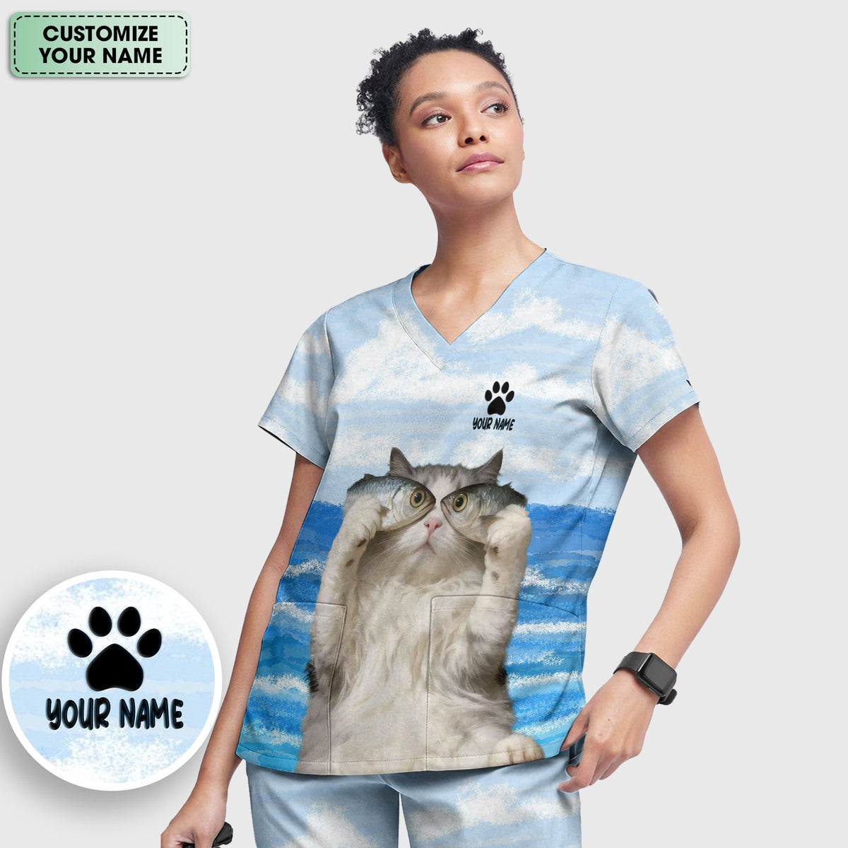 Personalized Cat Holding Fish Nurse Scrub Set