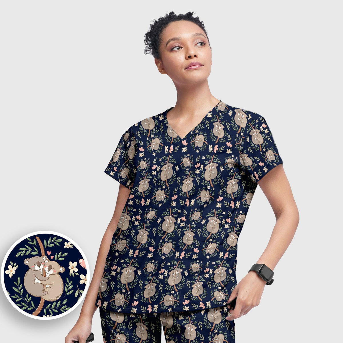 Koala Couple Floral Nurse Scrub Set