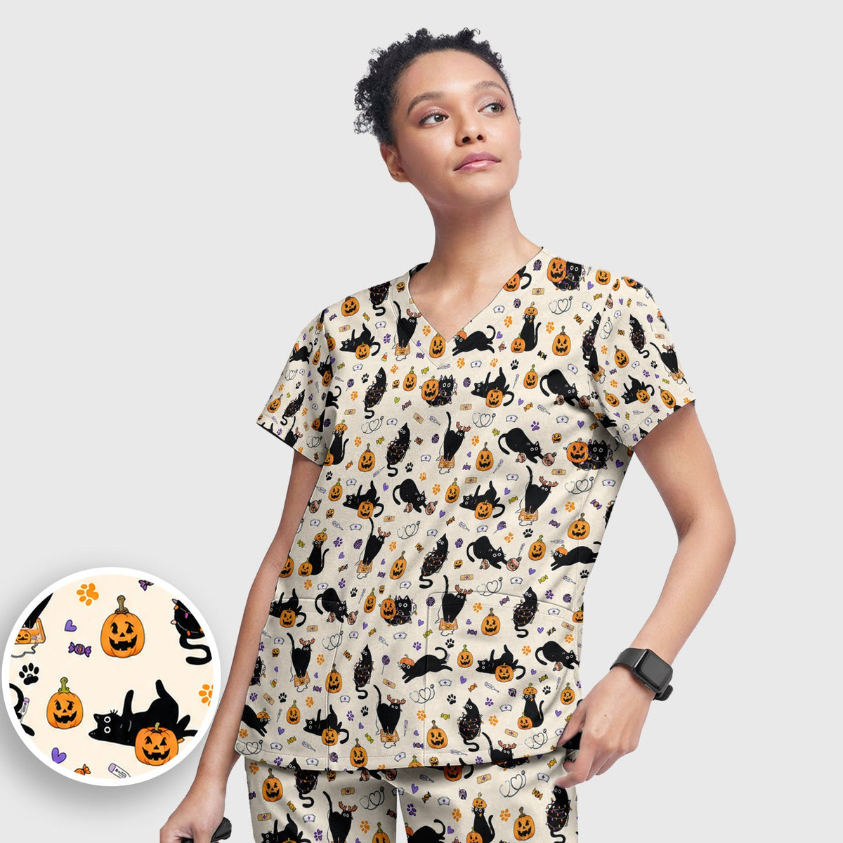 Pumpkin Black Cat Nurse Scrub Set