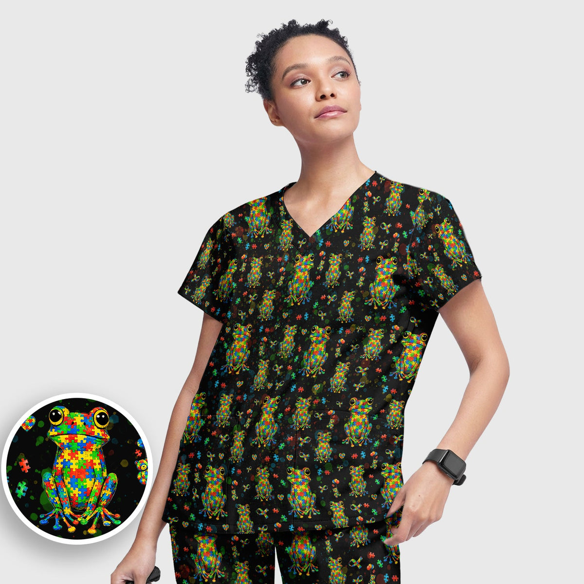 Colorful Autism Puzzle Frog Nurse Scrub Set