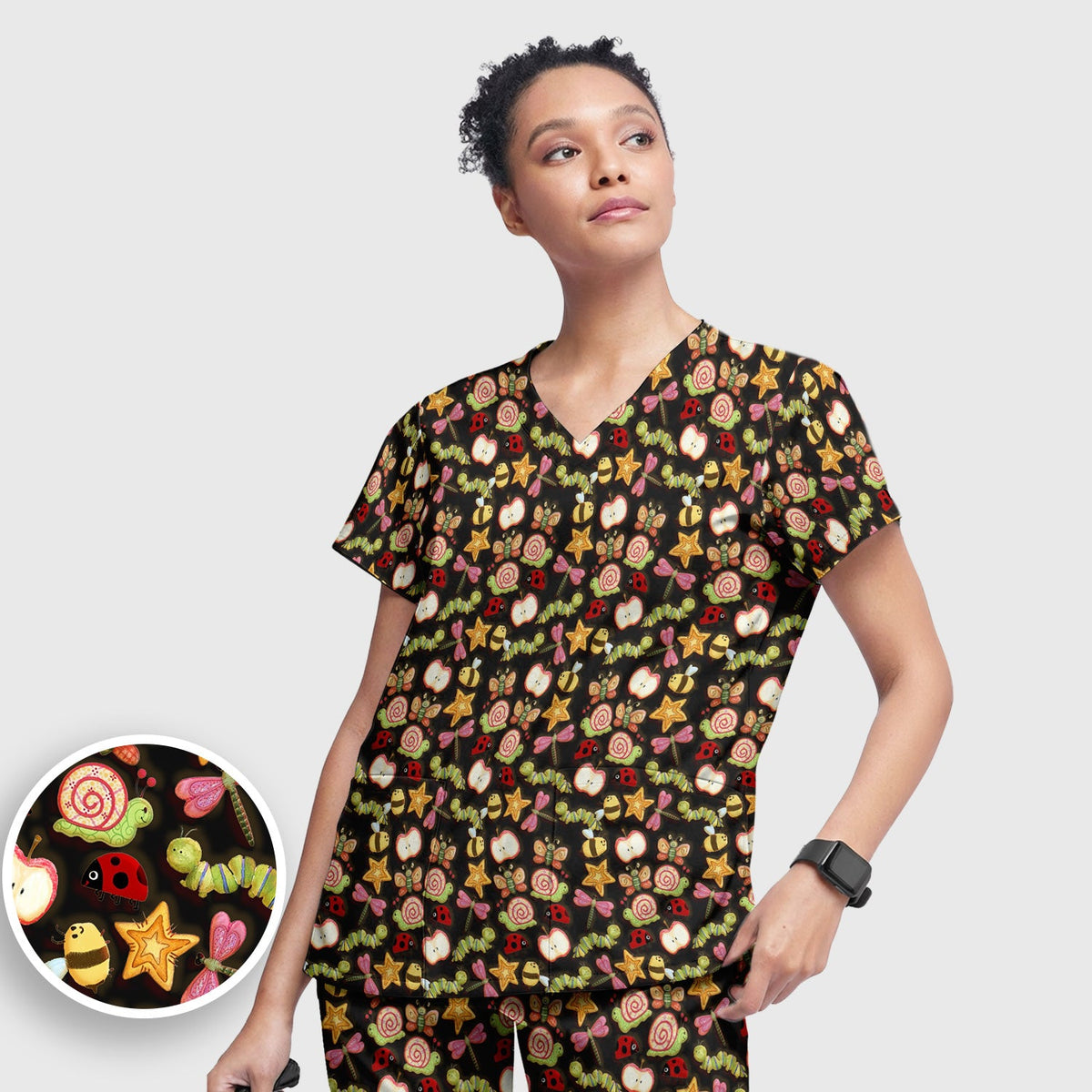 Snail Ladybug Caterpillar Apple Garden Nurse Scrub Set