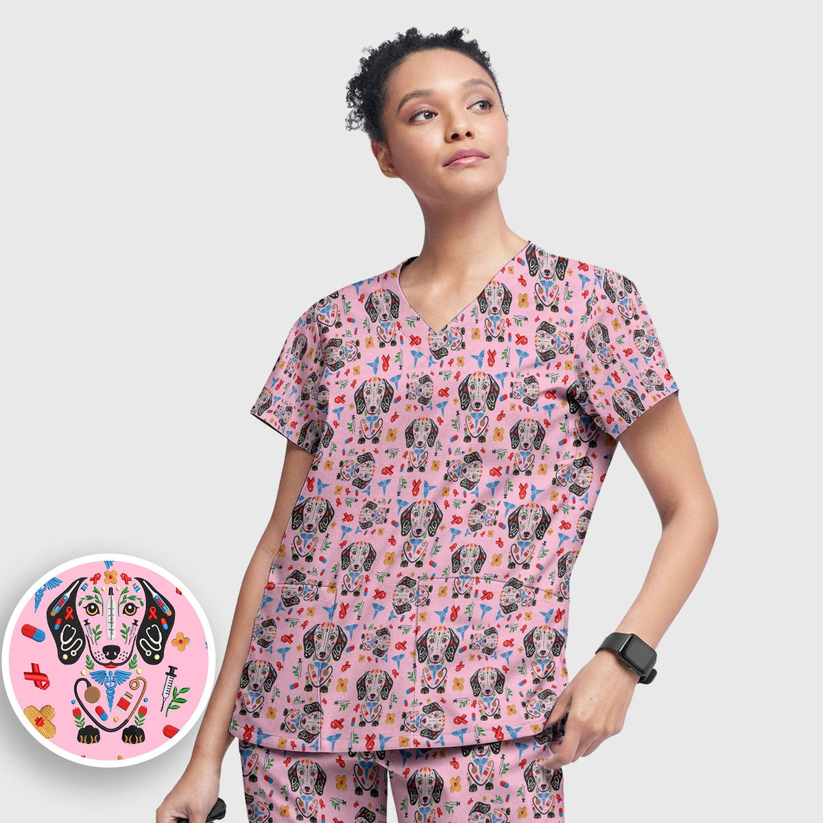 Dachshund Medical Icon Pattern Scrub Set, Women's Scrub Sets