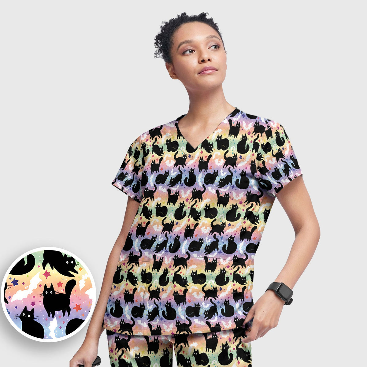 Pastel Star Black Cat Nurse Scrub Set
