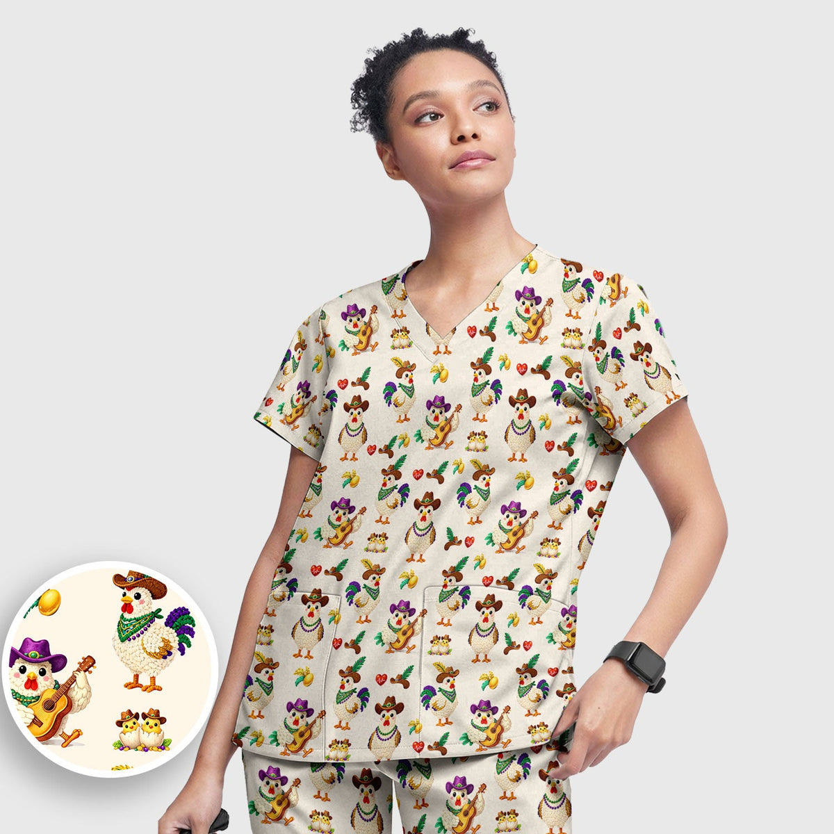 Mardi Gras Rooster Cowboy Nurse Scrub Set