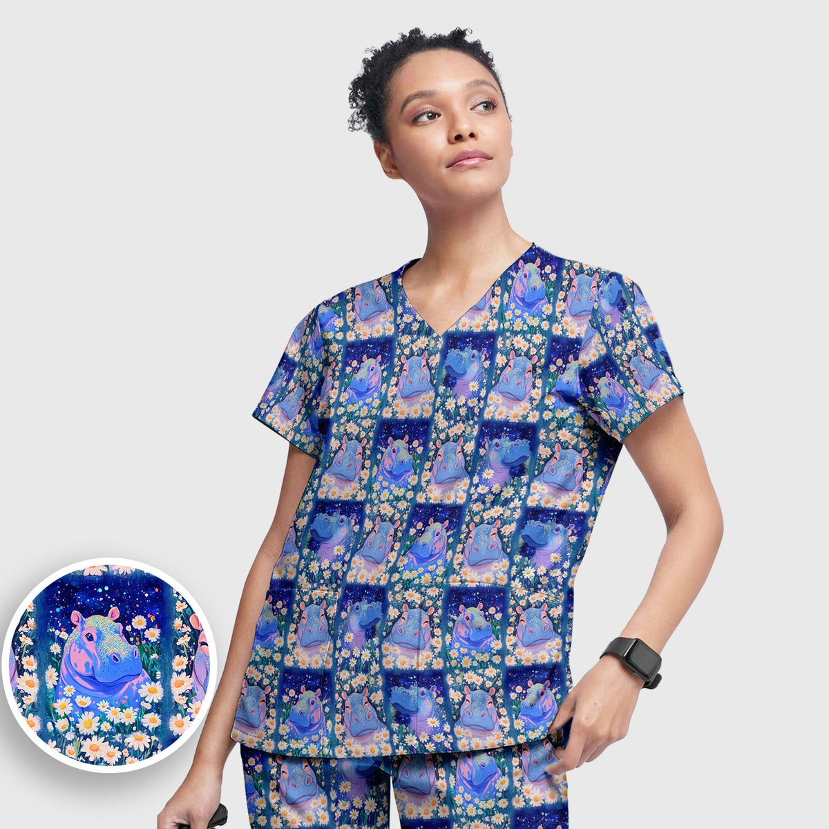 Hippo Daisy Patchwork Nurse Scrub Set