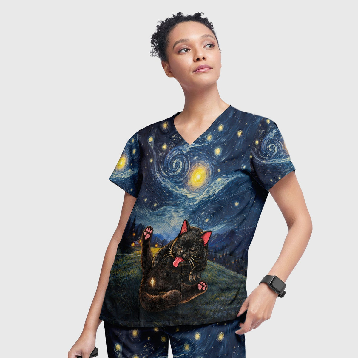 Black Cat Cosmic Night Sky Nurse Scrub Set
