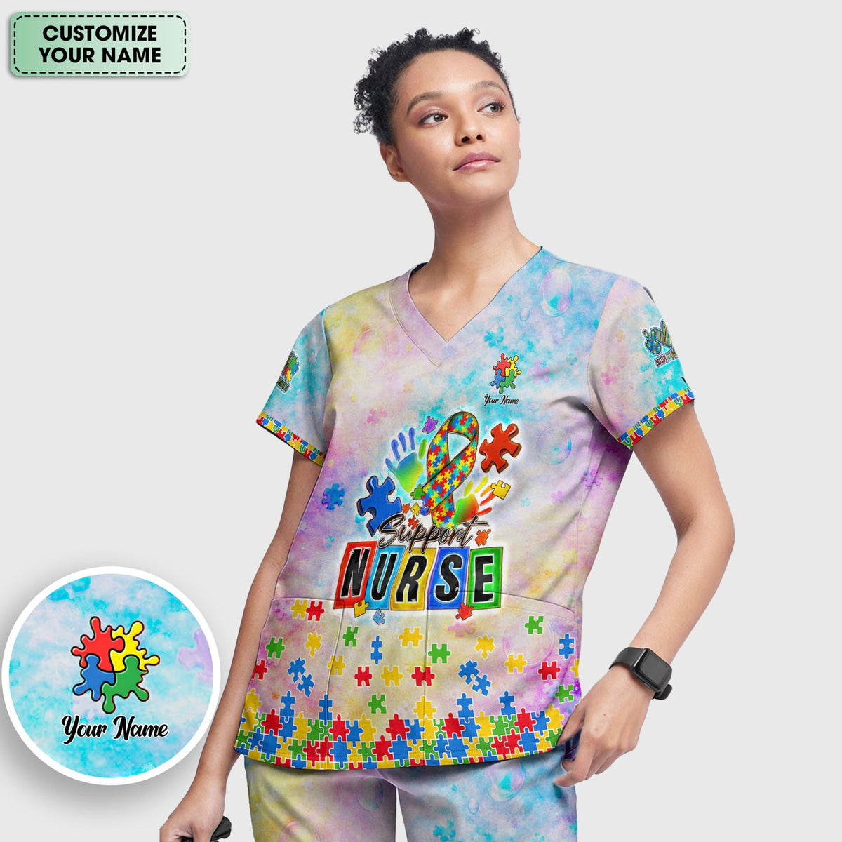 Personalized Autism Awareness Nurse Scrub Set